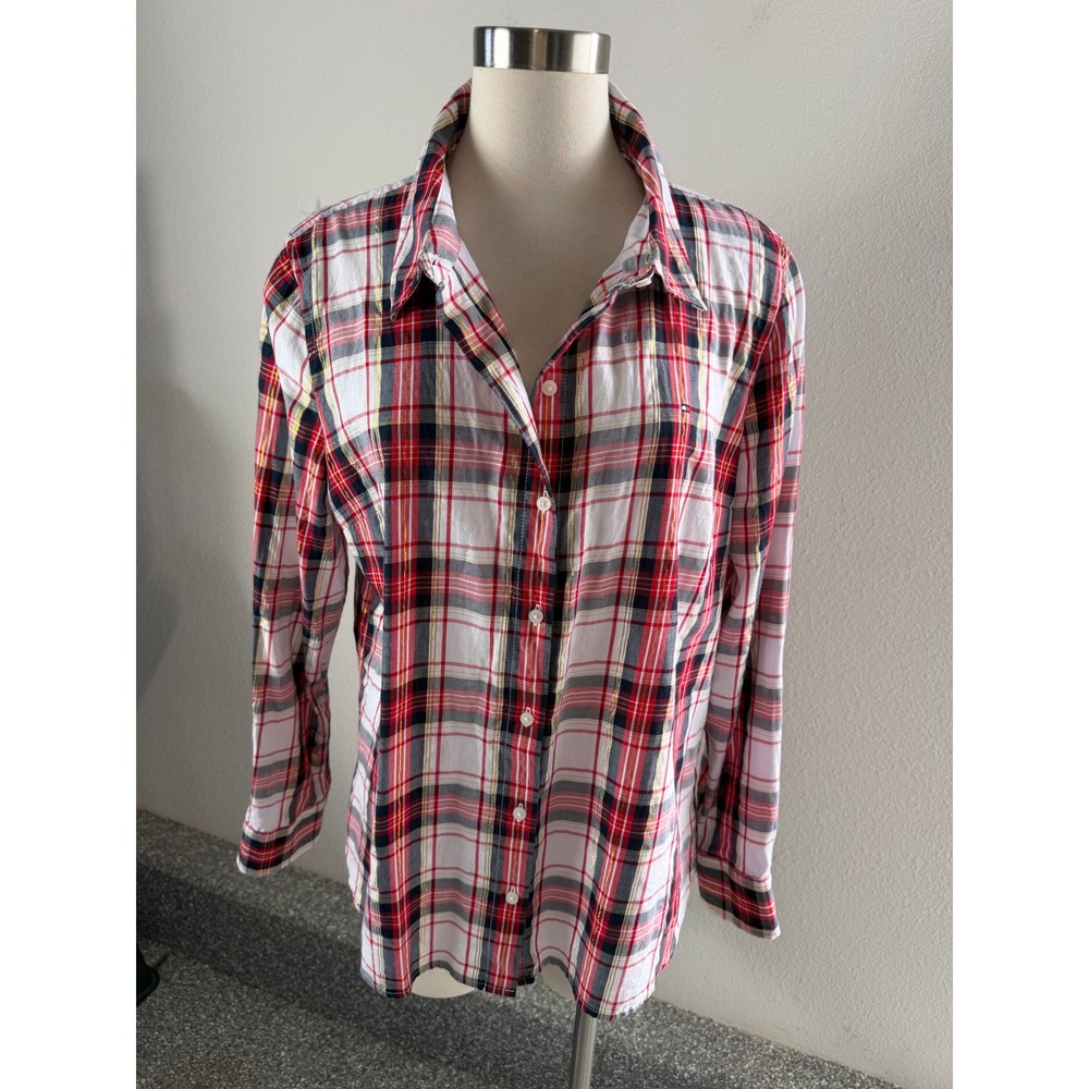 Tommy Hilfiger Womens XL Plaid Button Up Shirt Gold Metallic Lurex Red White Top